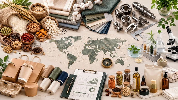 Global sourcing portfolio covering agricultural commodities, textiles, engineering goods, healthcare products, and eco-packaging